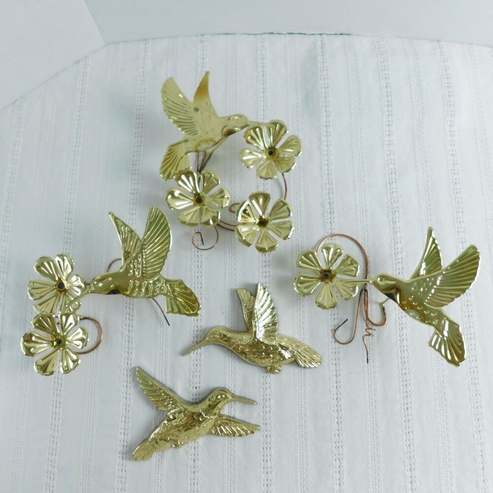 Home Interiors Hummingbirds Homco Vintage Flowers Wall Hanging Gold 5 Pieces EUC